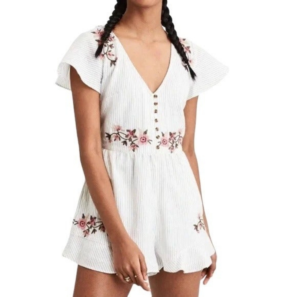 White Floral Embroidered Romper Dress